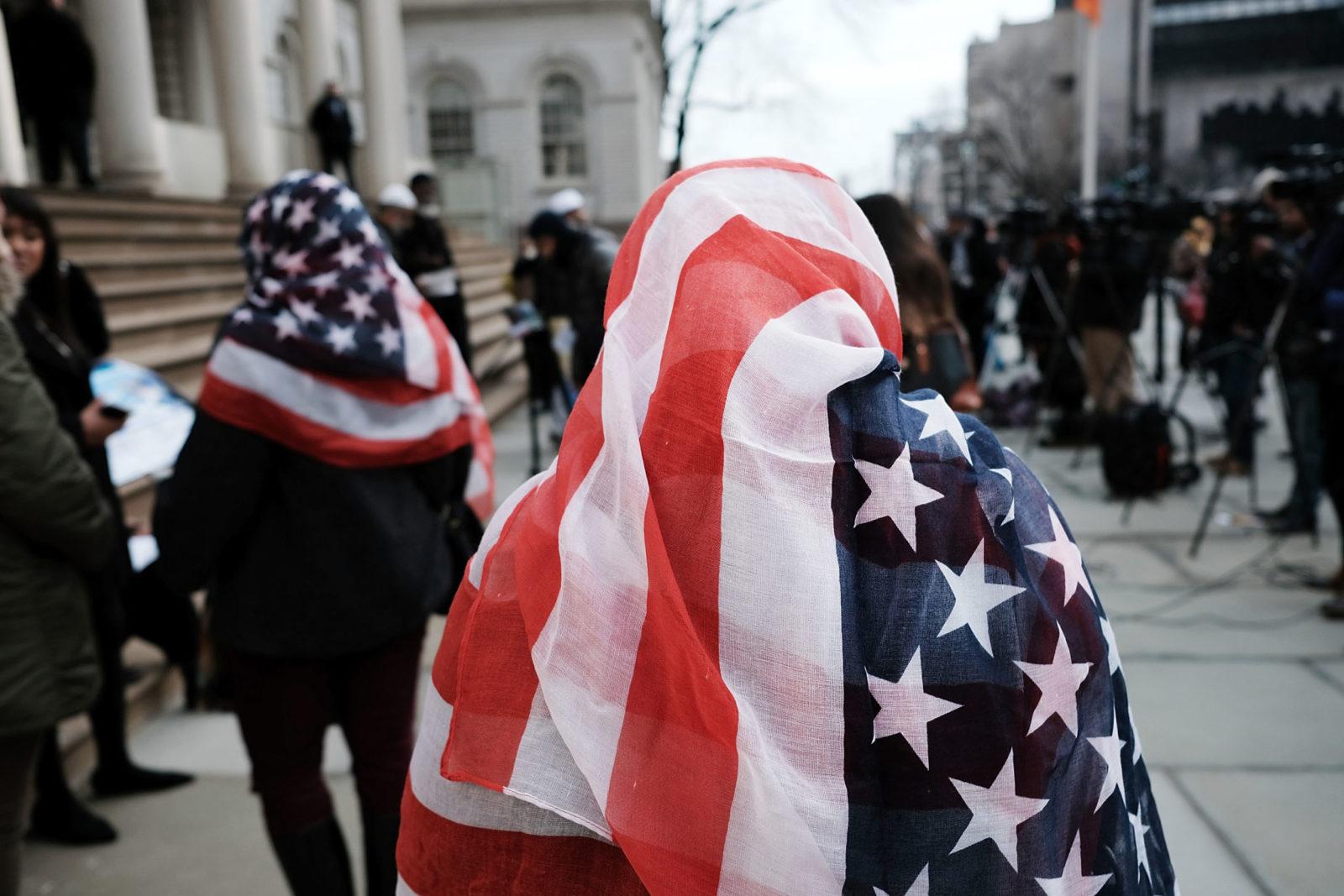 muslim woman wearing an American flag headscarf